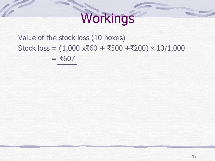 Workings Value of the stock loss (10 boxes) Stock loss = (1, 000 x₹