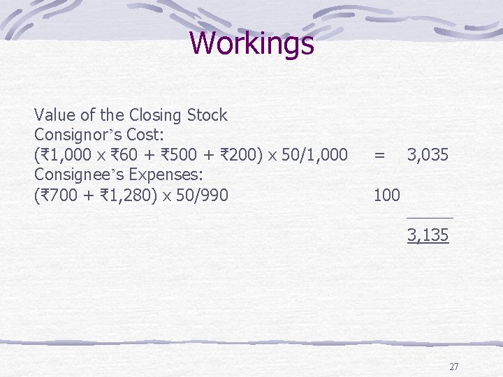 Workings Value of the Closing Stock Consignor’s Cost: (₹ 1, 000 x ₹ 60