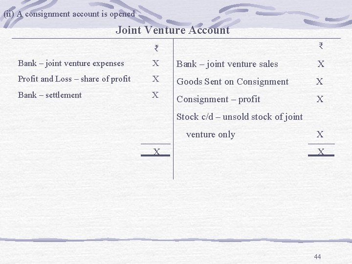 (ii) A consignment account is opened Joint Venture Account ₹ ₹ Bank – joint