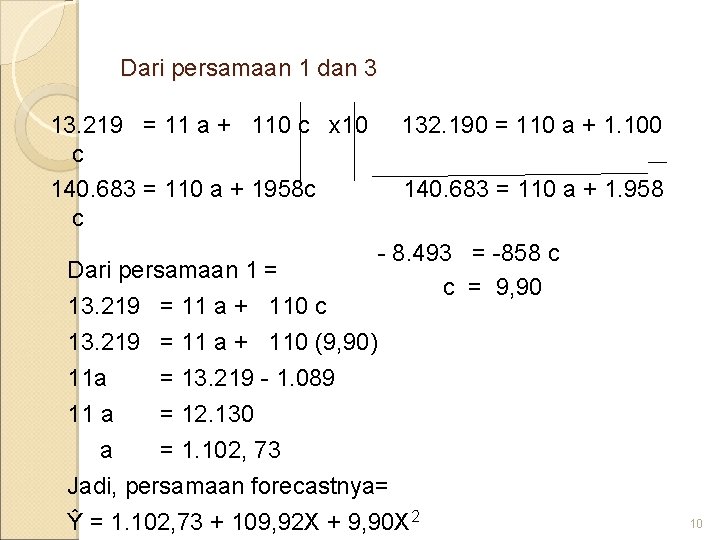 Dari persamaan 1 dan 3 13. 219 = 11 a + 110 c x