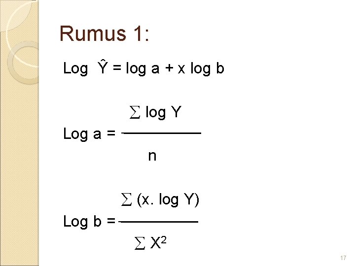 Rumus 1: Log Ŷ = log a + x log b log Y Log