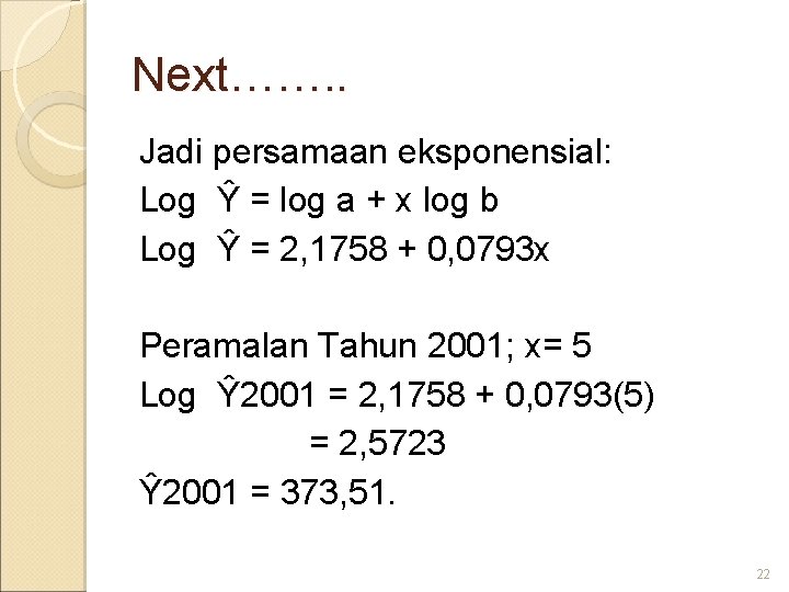 Next……. . Jadi persamaan eksponensial: Log Ŷ = log a + x log b