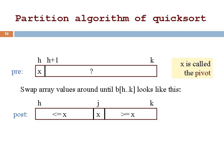 Partition algorithm of quicksort 18 h h+1 pre: x k ? x is called