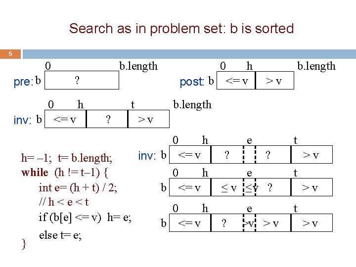 Search as in problem set: b is sorted 5 0 b. length ? pre: