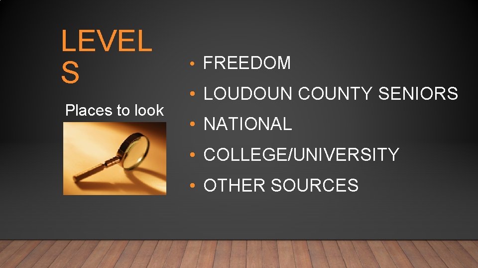 LEVEL S Places to look • FREEDOM • LOUDOUN COUNTY SENIORS • NATIONAL •