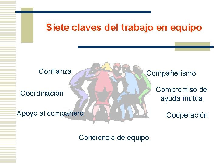 Siete claves del trabajo en equipo Confianza Compañerismo Compromiso de ayuda mutua Coordinación Apoyo