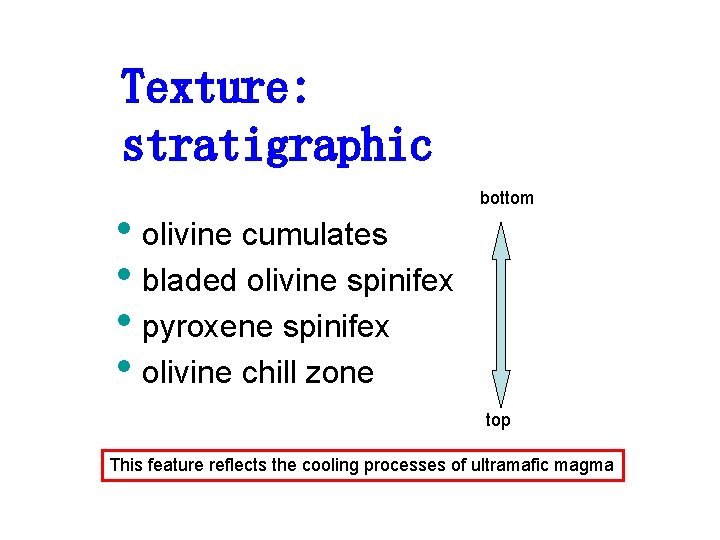 Texture: stratigraphic • olivine cumulates • bladed olivine spinifex • pyroxene spinifex • olivine