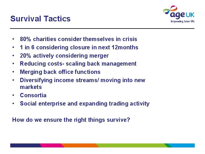 Survival Tactics • • • 80% charities consider themselves in crisis 1 in 6