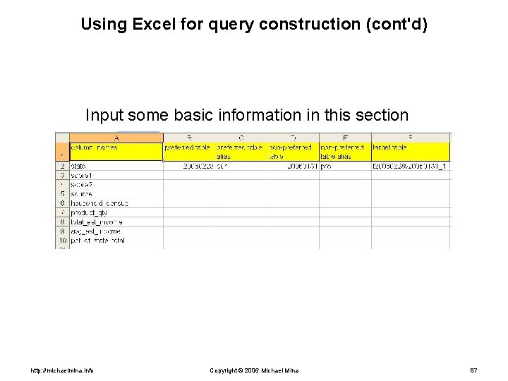 Using Excel for query construction (cont'd) Input some basic information in this section http: