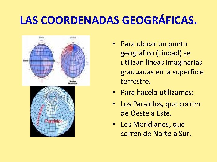 LAS COORDENADAS GEOGRÁFICAS. • Para ubicar un punto geográfico (ciudad) se utilizan líneas imaginarias LAS COORDENADAS GEOGRÁFICAS. • Para ubicar un punto geográfico (ciudad) se utilizan líneas imaginarias