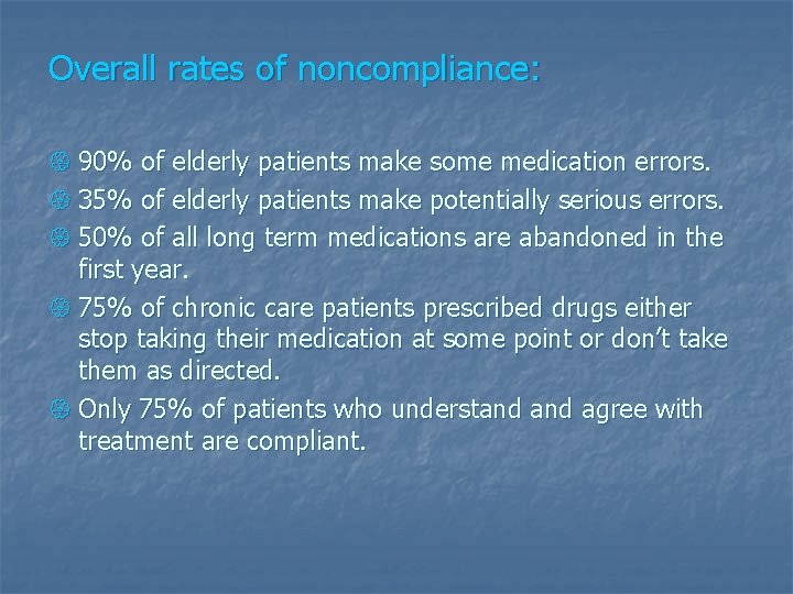 Overall rates of noncompliance: { 90% of elderly patients make some medication errors. {