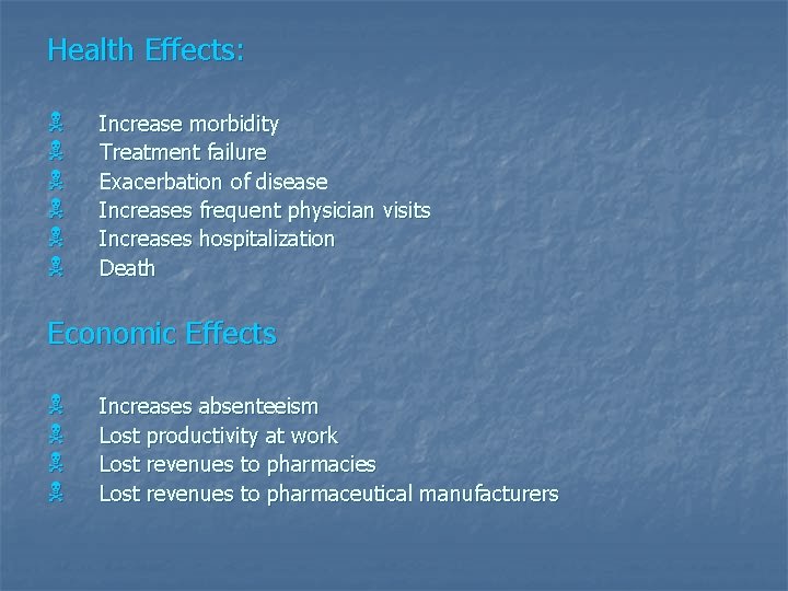 Health Effects: N N N Increase morbidity Treatment failure Exacerbation of disease Increases frequent