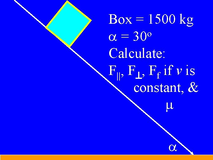 Box = 1500 kg o a = 30 Calculate: F||, F , Ff if