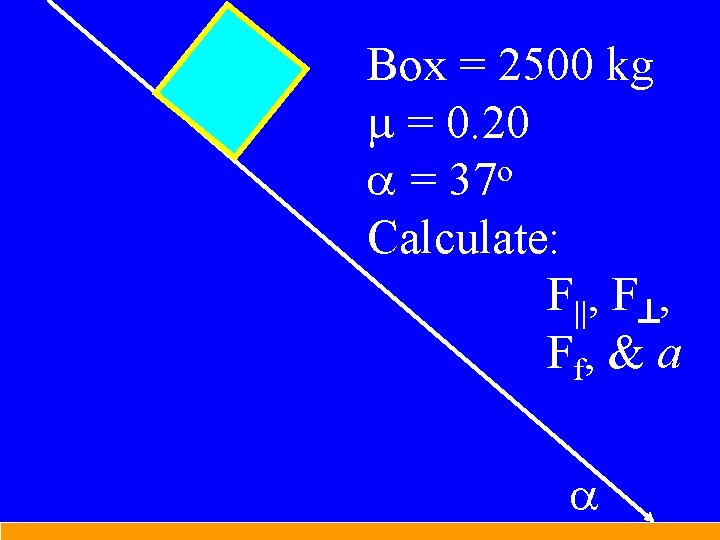 Box = 2500 kg m = 0. 20 a = 37 o Calculate: F||,