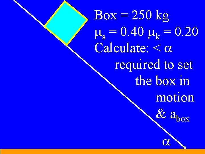 Box = 250 kg ms = 0. 40 mk = 0. 20 Calculate: <