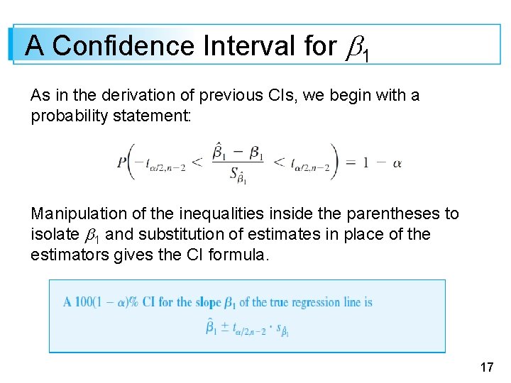 A Confidence Interval for 1 As in the derivation of previous CIs, we begin