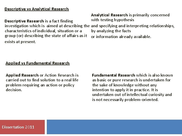 Descriptive vs Analytical Research is primarily concerned with testing hypothesis Descriptive Research is a