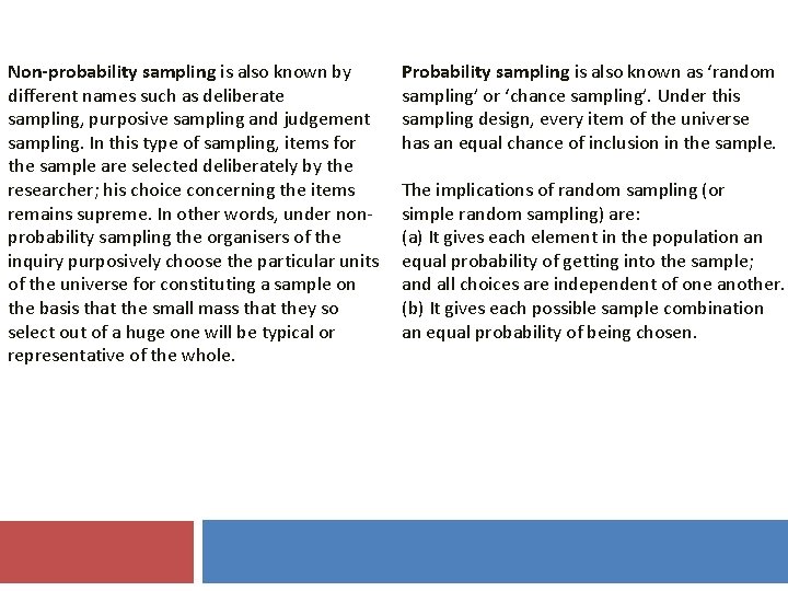 Non-probability sampling is also known by different names such as deliberate sampling, purposive sampling