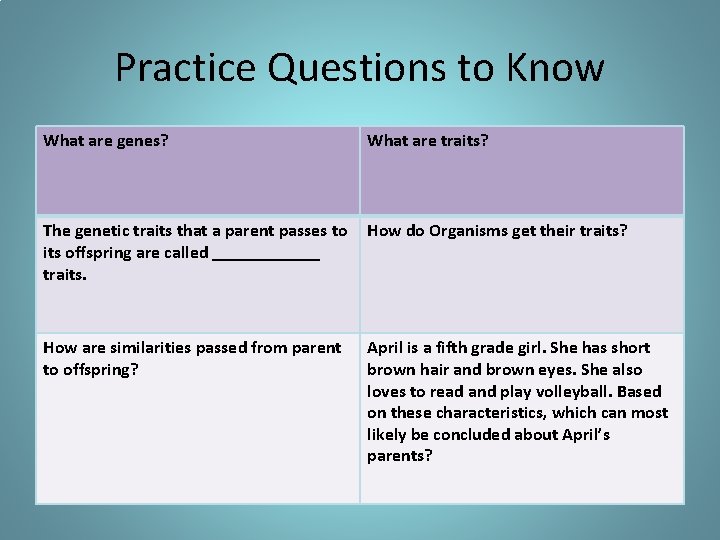 Practice Questions to Know What are genes? What are traits? The genetic traits that