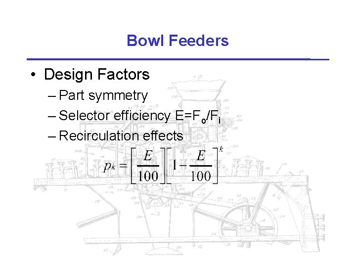 Bowl Feeders • Design Factors – Part symmetry – Selector efficiency E=Fo/Fi – Recirculation