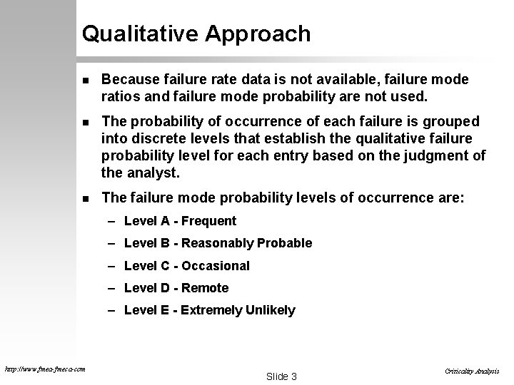 Qualitative Approach n Because failure rate data is not available, failure mode ratios and