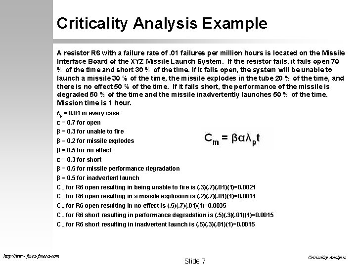 Criticality Analysis Example A resistor R 6 with a failure rate of. 01 failures