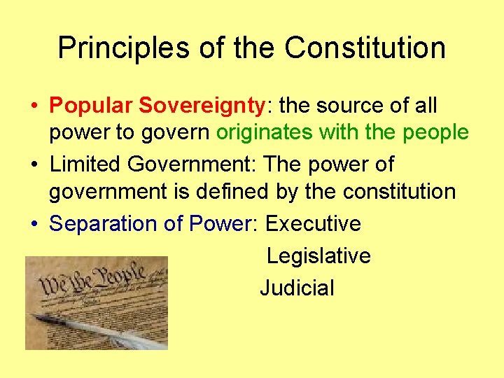 Principles of the Constitution • Popular Sovereignty: the source of all power to govern