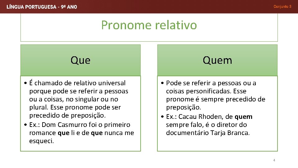 Pronome relativo Que • É chamado de relativo universal porque pode se referir a