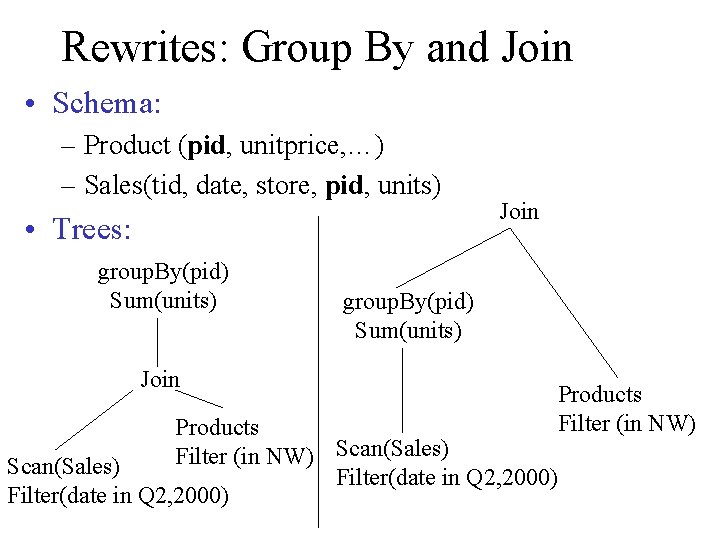 Rewrites: Group By and Join • Schema: – Product (pid, unitprice, …) – Sales(tid,