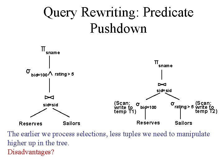 Query Rewriting: Predicate Pushdown sname bid=100 rating > 5 sid=sid (Scan; write to bid=100