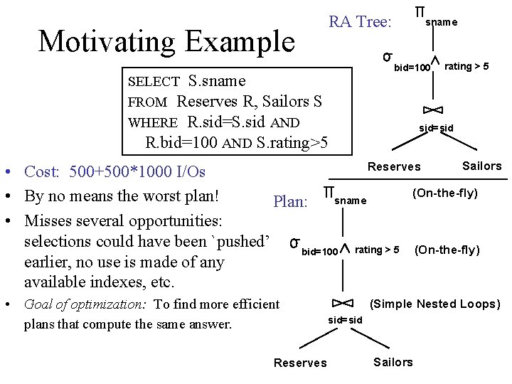RA Tree: Motivating Example SELECT S. sname FROM Reserves R, Sailors S WHERE R.