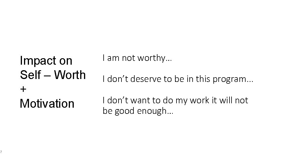 Impact on Self – Worth + Motivation 7 I am not worthy… I don’t