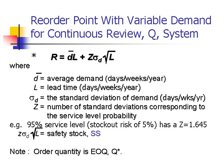 Reorder Point With Variable Demand for Continuous Review, Q, System where * R =