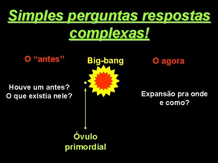 Simples perguntas respostas complexas! O “antes” Big-bang Houve um antes? O que existia nele?