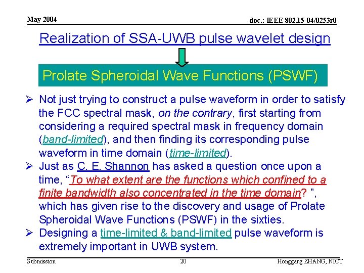 May 2004 doc. : IEEE 802. 15 -04/0253 r 0 Realization of SSA-UWB pulse