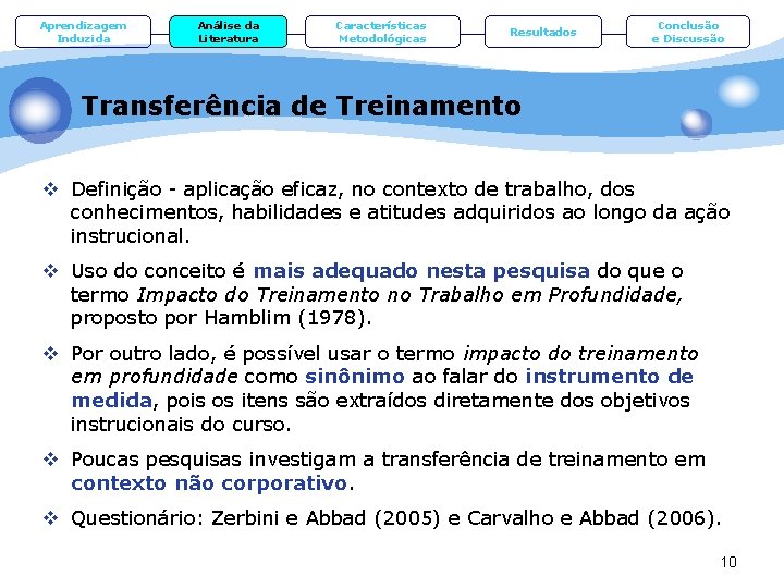 Aprendizagem Induzida Análise da Literatura Características Metodológicas Resultados Conclusão e Discussão Transferência de Treinamento