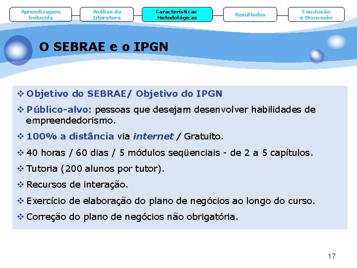 Aprendizagem Induzida Análise da Literatura Características Metodológicas Resultados Conclusão e Discussão O SEBRAE e