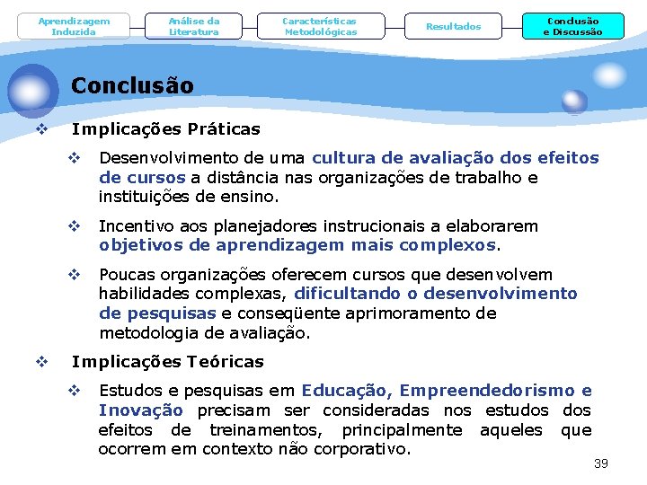 Aprendizagem Induzida Análise da Literatura Características Metodológicas Resultados Conclusão e Discussão Conclusão v v