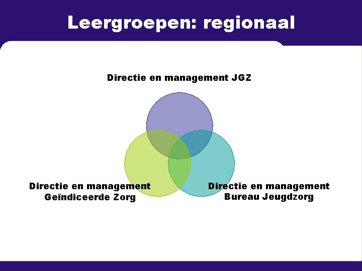 Leergroepen: regionaal Directie en management JGZ Directie en management Geïndiceerde Zorg Directie en management