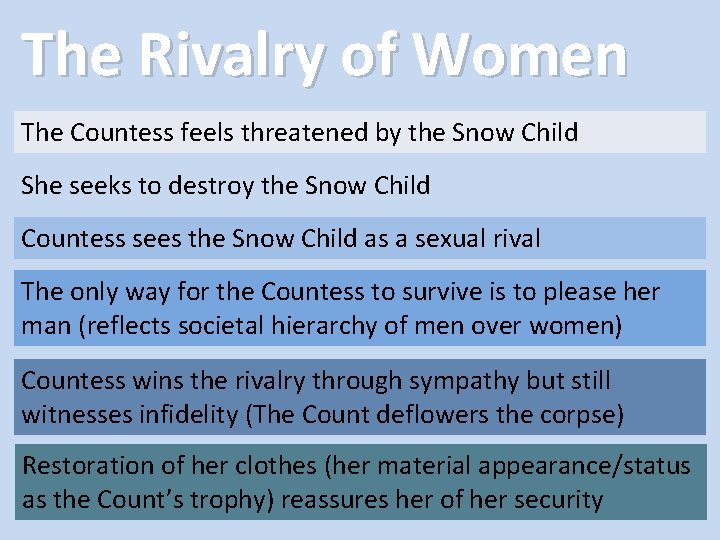 The Rivalry of Women The Countess feels threatened by the Snow Child She seeks