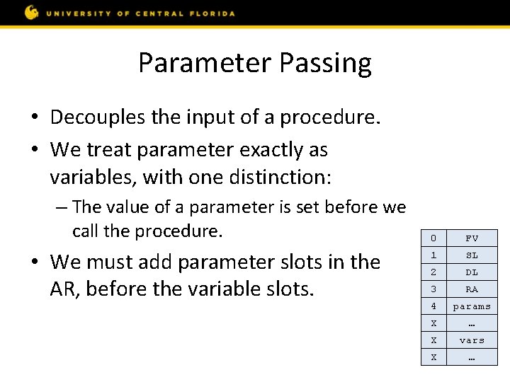 Parameter Passing • Decouples the input of a procedure. • We treat parameter exactly