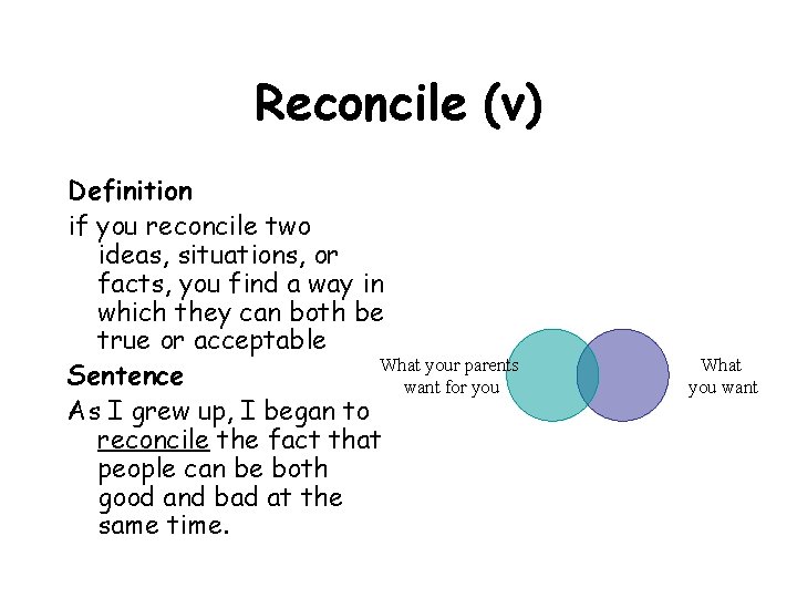 Reconcile (v) Definition if you reconcile two ideas, situations, or facts, you find a