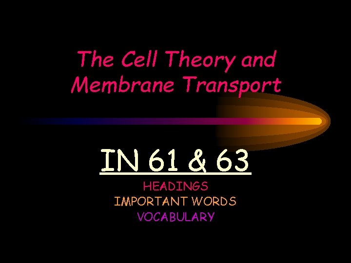 The Cell Theory and Membrane Transport IN 61 & 63 HEADINGS IMPORTANT WORDS VOCABULARY