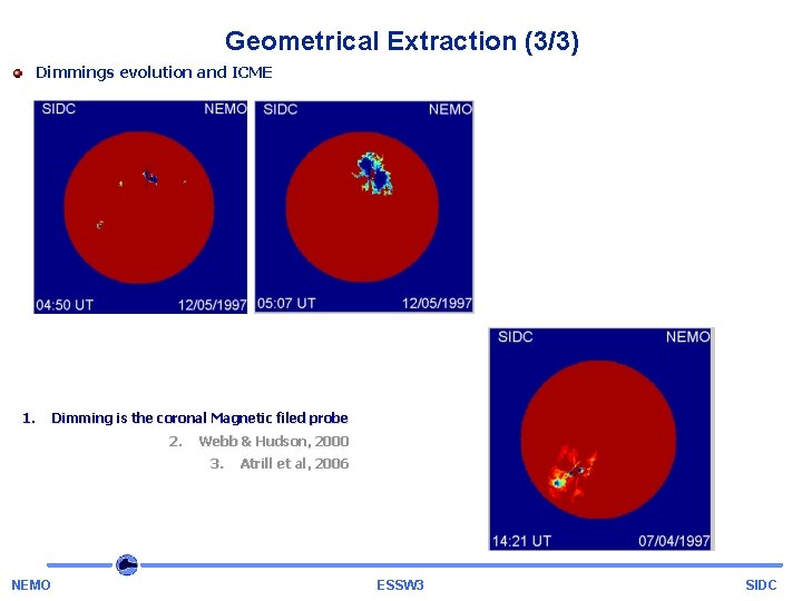 Geometrical Extraction (3/3) Dimmings evolution and ICME 1. Dimming is the coronal Magnetic filed