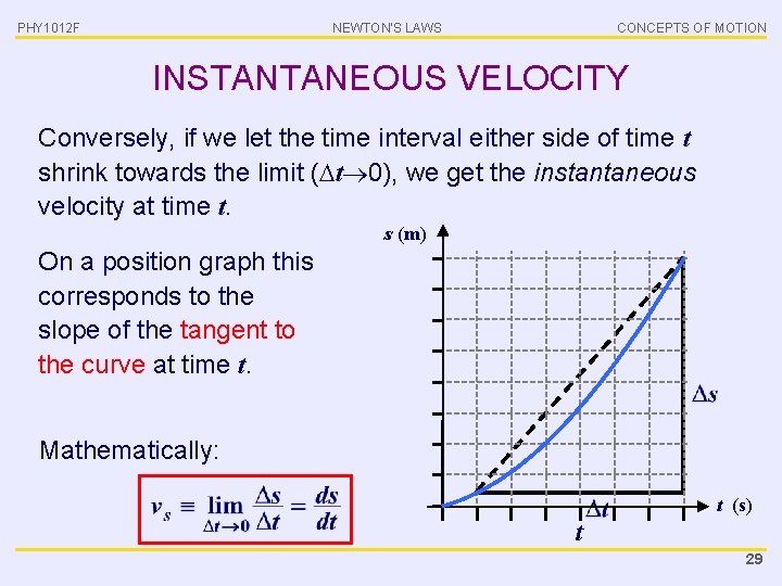 PHY 1012 F NEWTON’S LAWS CONCEPTS OF MOTION INSTANTANEOUS VELOCITY Conversely, if we let
