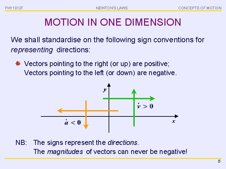 PHY 1012 F NEWTON’S LAWS CONCEPTS OF MOTION IN ONE DIMENSION We shall standardise