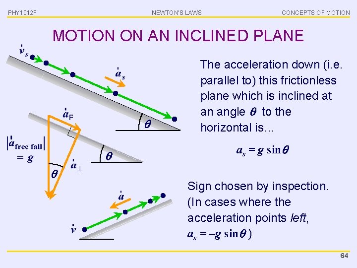 PHY 1012 F NEWTON’S LAWS CONCEPTS OF MOTION ON AN INCLINED PLANE The acceleration