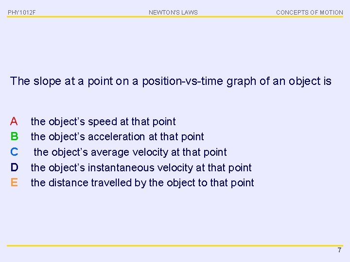 PHY 1012 F NEWTON’S LAWS CONCEPTS OF MOTION The slope at a point on