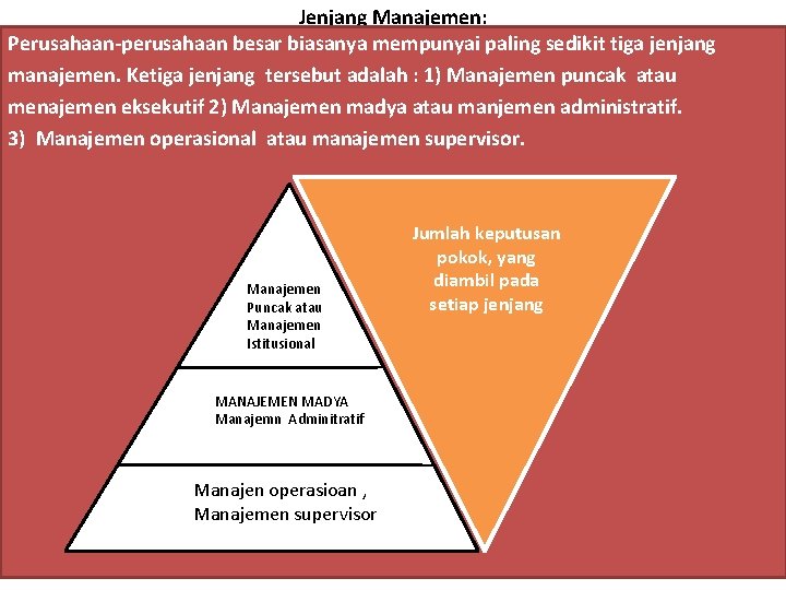 Jenjang Manajemen: Perusahaan-perusahaan besar biasanya mempunyai paling sedikit tiga jenjang manajemen. Ketiga jenjang tersebut