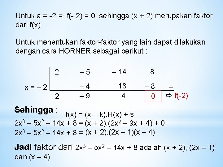 Untuk a = -2 f(- 2) = 0, sehingga (x + 2) merupakan faktor